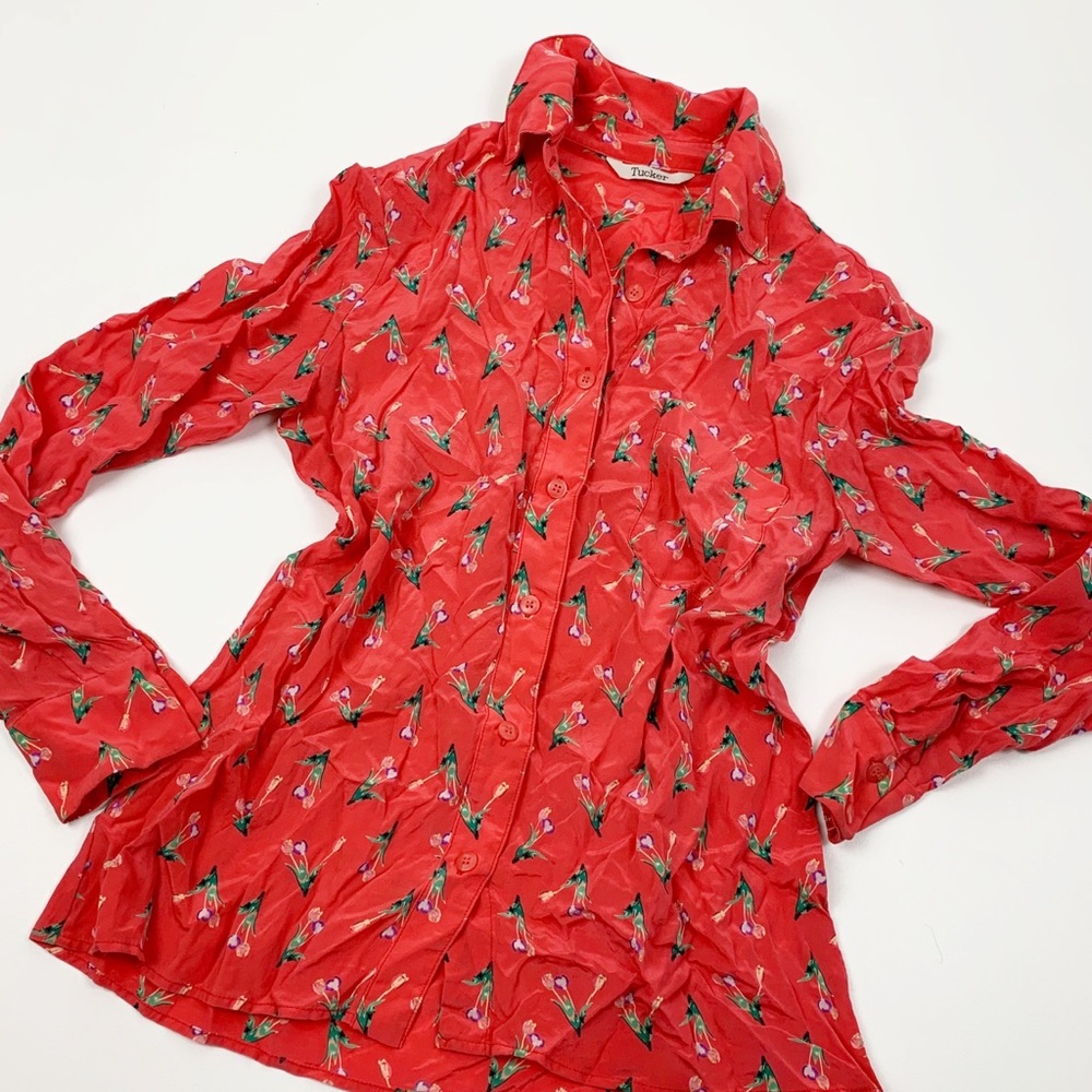 Tucker Red Floral Long Sleeved Button Up Blouse, size large. Flowers vibrant